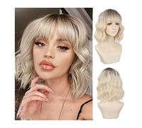 Lace Front Wigs Human Hair Synthetic Short Bob Wig with Bangs Women's Blonde Wave Curly with Black Root Natural Heat Resistant for Women