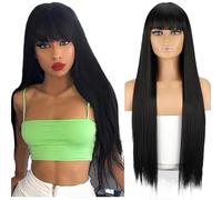 Lace Front Wigs Human Hair Wig, women's bangs mid split long straight hair set suitable for daily and party use for Women(Black)