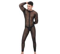 Lace Garter Men's New Mesh Sexy Underwear Long Sleeve Thin Mesh See Through Splicing Onesie Tight Fitting Onesie Stage Wear Beef Gift Basket (Black, L)