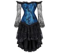 Lace Long-Sleeved Corset with High-Low Skirt Set - Vintage Lace Jacquard Corset Dress Set for Halloween Gothic Cosplay & Party (Blue, 7XL)