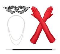 Lace Mask Red Gloves Necklace Holder Set, 1920s Flapper Costume Accessories | Black Lace Masquerade Mask, Long Red Satin Gloves, Faux Pearl Necklace, Plastic Holder for Gatsby Roaring 20s Party Cosplay
