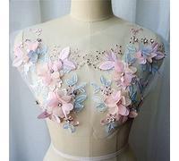 Lace Motifs Applique, 3D Flower Lace Fabric Beads Rhinestone Embroidered Gown Appliques Sew Patches(Blue Pink)