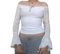 Lace Off The Shoulder Tops for Women Y2K Floral Mesh Top Long Sleeve Sexy See Through Going Out Crop Top (Lace Trim Large Floral White, S)