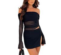 Lace Off The Shoulder Tops for Women Y2K Floral Mesh Top Long Sleeve Sexy See Through Going Out Crop Top (Ruched Solid Black, S)