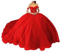 Lace Pageant Gowns with Train Sequin Off Shoulder Puffy Tulle 16 Quinceanera Dresses for Women Red UK16