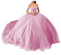 Lace Pageant Gowns with Train Sequin Off Shoulder Puffy Tulle 16 Quinceanera Dresses for Women Wisteria UK14