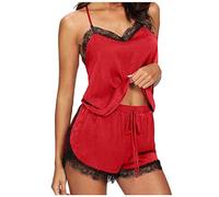 Lace Pajamas Set for Women Ladies 2 Piece Loungewear Set Shorts Sleeveless Vest Shorts Pyjamas Solid Casual Outfits Loose Fit Pullover Tops Bottoms Tracksuit Basic Gym Workout Red M