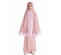 Lace Prayer Robes Dubai Turkish Muslim Long Skirt Eid Abaya Girls Prayer Skirts Islam Abaya Muslim Dress with Hijab Kaftan Skirts Kids Muslim Clothes Arabic Dubai Burka Skirt (10-11 Years) Pink