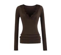 Lace Sexy Womens Tops V Neck Long Sleeve Thermal Basic Base Layer Lightweight Underwear Jumpers Ladies Slim Fit Shirts Solid Color Tunic Top Fitted Ladies Y2k Going Out Streetwear Shirts Brown