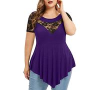 Lace Short Sleeves Tops for Women UK Plus Size Summer Asymmetric Hem Lace Patchwork O-Neck Casual Perspective T-Shirt Party Elegant Tops Ladies Blouse Plain Summer Tees Tunics Blouses UK Size 8-22