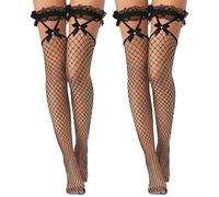 Lace Top & Bow Hold Up Black Thigh High Stockings - Fishnet & Mesh for Women's Cosplay & Daily Wear