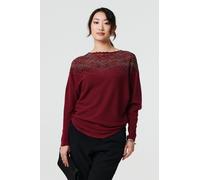 Izabel London Lace Trim Batwing Long Sleeve Jumper Made from a Viscose Blend for Women UK with a Curve Hem. Red