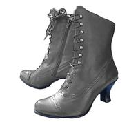 Lace Up Ankle Boots for Women Wide Fit Gothic Steampunk Boots Ladies High Heels Victorian Booties Outdoor Round Toe Stiletto Heel Short Boot Fashion Retro Shoes Grey