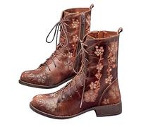 Lace Up Boots Women Casual Comfortable Low Chunky Heel Shoes Stylish Non-Slip Printed Embroidered Round Toe Side Zipper Wide Fit Combat Boots Outdoor Walking Hiking