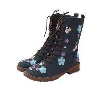 Lace Up Boots Women Winter Floral Embroidered Combat Boots Side Zip Vintage Boho Flower Design Leather Chunky Mid Calf Boot Waterproof Non Slip Walking Casual Shoes