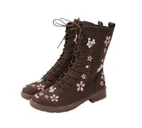 Lace Up Boots Women Winter Floral Embroidered Combat Boots Side Zip Vintage Boho Flower Design Leather Chunky Mid Calf Boot Waterproof Non Slip Walking Casual Shoes Coffee