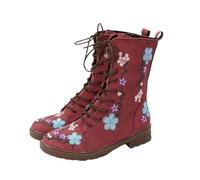 Lace Up Boots Women Winter Floral Embroidered Combat Boots Side Zip Vintage Boho Flower Design Leather Chunky Mid Calf Boot Waterproof Non Slip Walking Casual Shoes
