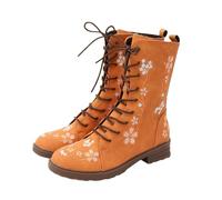 Lace Up Boots Women Winter Floral Embroidered Combat Boots Side Zip Vintage Boho Flower Design Leather Chunky Mid Calf Boot Waterproof Non Slip Walking Casual Shoes