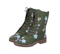 Lace Up Boots Women Winter Floral Embroidered Combat Boots Side Zip Vintage Boho Flower Design Leather Chunky Mid Calf Boot Waterproof Non Slip Walking Casual Shoes Green