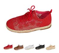Lace-Up Fit Shoes Womens Wide Fit Mesh Breathable Sneakers Casual Comfortable Cushioned Sole Front Canvas Shoes Ladies Lightweight Non Slip Walking Trainers Size 6 Red