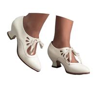 Lace-up Leather Shoes for Women, Elegant Comfortable Openwork Closed Pointed Toe Low Chunky Bridal Heels Vintage Dirndl Mary Janes for Oktoberfest Wedding Date Party Daily Wear White