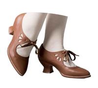 Lace-up Leather Shoes for Women, Elegant Comfortable Openwork Closed Pointed Toe Low Chunky Bridal Heels Vintage Dirndl Mary Janes for Oktoberfest Wedding Date Party Daily Wear Brown