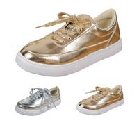 Lace-Up Walking Sneakers Women's Platform Comfort Sneakers Light Anti-Slip Classic Sparkly Glitter Chunky Shoes Faux Leather Low Top Casual Walking Shoes Size 5 Silver