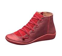 Lace-up Wedge Boots Arch Support Boots for Women Premium Orthopedic Ankle Boots Vintage Leather Comfortable Cute Side Zip Wedge Booties Fashion Anti-Slip Winter Casual Shoes Office Dress (Red-01, 7.5)