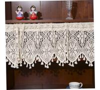 Lace Valance Curtains, Beige White Crochet Rustic Boho Hollow for Window with Tassel Half Blackout Decorative Kitchen Curtains Valances for Bedroom, Living Room, Valance Only, 47x15