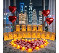 LACGO Anniversary Decorations,Happy Anniversary Sign,Light Up Letters with Luminary Bags,Tea Lights,Red&Pink Rose Petals,Happy Anniversary Banner,Surprise Set for Women and Men