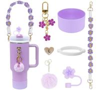 LACGO Stanley Cup Accessories Set of 7PCS Including Silicone Boot, Boho Woven Handle Strap, Straw Cover Cap, Stanley Charms for Stanley Cup 30/40oz Tumbler（Purple）