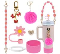 LACGO Stanley Cup Accessories Set of 7PCS Including Silicone Boot, Boho Woven Handle Strap, Straw Cover Cap, Stanley Charms for Stanley Cup 30/40oz Tumbler（Rose Red）