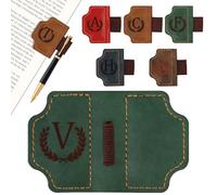 LACGO Vintage Leather Bookmark,Magnetic Book Mark with Pen Holder,Personalised Book Gift with Letter, Classic Stitched Leather Bookmark,Gift for Christmas,Birthday (Green, V)