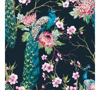 LACHEERY Peacock Green with Floral Pink Wallpaper Self-Adhesive Vintage Bedroom 44.5 cm x 700 cm Vinyl Wallpaper Washable Adhesive Wallpaper Flowers Self-Adhesive Wallpaper Green Furniture Film for