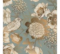 LACHEERY Self-Adhesive Wallpaper Green Flowers Adhesive Wallpaper Self-Adhesive Wall Gold 44.5 cm x 200 cm Vinyl Wallpaper Self-Adhesive Floral Vintage Pattern Bird Buffalo Fly Wallpaper Bedroom