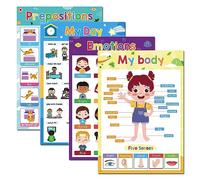 Lachilly Emotions, Prepositions, My Body, My Day Educational Posters for Toddlers, Classroom Decorations, Kindergarten Supplies Materials, Teacher Teaching Aids, 4Pcs for Distance Learning, A3 Size