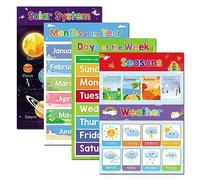 Lachilly Seasons, Weather, Days of The Week, Months of The Year, Solar System Educational Posters for Toddlers, Classroom Decorations, Kindergarten Supplies Materials, 4Pcs for Distance Learning