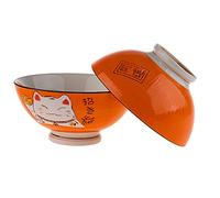 lachineuse - 2 Soup or Ramen Bowls - Maneki Neko Design - Orange - Multi-Use Bowls - Porcelain - Japanese Decoration - Japan Asia Gift Idea