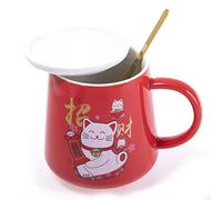 lachineuse - Cat Maneki Neko 250ml - Red Porcelain Mug with Lid & Spoon - Japanese Tea & Coffee Mug - Japanese Cat Kawaii Lucky Cat - Gift Idea Japan Asia