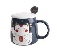 lachineuse - Kawaii Cat Mug Blue - Ceramic Cat Mug with Lid & Spoon - Tea Cup, Coffee Cup - Original Japanese Mug - Gift Set Japan Asia Cute Kitten
