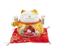 lachineuse - Maneki Neko Cat Figurine - Fortune Symbol - Movable Arm - Traditional Japanese Good Luck Charm - 10 x 12 x 10 cm - Porcelain, Yellow - LR03 Battery Not Included