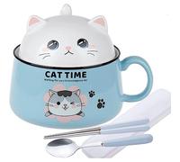 lachineuse - Ramen Bowl Kawaii Cat with Lid - Cat Time Ramen Bowl 1020 ml - Noodle Soup Bowl - Noodle Bowl - Cereal Bowls with Handle - Colour Blue