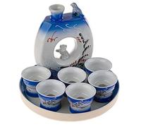 lachineuse - Women's stripped sake set - with 6 sake bowls, carafe and tray - Japanese sake glasses - Cheeky Chinese gift idea - Japanese porcelain Japanese - Blue