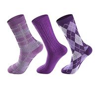 Lacholin Women 3 Pairs Purple Cotton Dress Elegant Design Casual Crew Socks Novelty Tartan Patterned Mid-Calf Knit Soft Warm Fashion Socks for Girls Gift Size 5-10, Mid-calf, 5