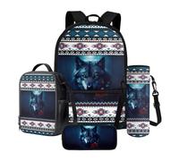 LACIYISON Aztec Tribal Rose Wolf Print Junior High School Backpack Sets 4 Pcs for Teens Girls Bookbag Travel Rucksack Lunch Bag Pencil Case Water Bottle Bag