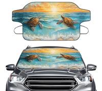 LACIYISON Beach Turtle Sunset Print Windshield Cover for Ice and Snow, Windshield Frost Cover with Elastic Strap, Windproof Double Strap Design Waterproof Car Windshield Snow Cover