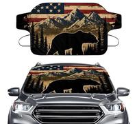 LACIYISON Bear Mountain Forest American Flag Print Car Windshield Cover for Ice and Snow, Snow Cover with Elastic Strap, Waterproof Frost Cover for Cars SUVs Trucks, Windproof Winter Car Accessories