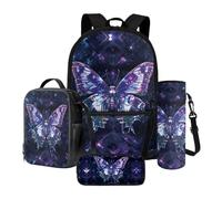 LACIYISON Black Purple Diamond Grid Butterfly Print Backpack Combo Sets for Teens Boys Primary Junior Middle School Bookbags Set with Lunch Bag Pencil Case Water Bottle Sleeve