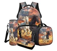 LACIYISON Black White Wild Horse Print School Backpack Multi Pocket BookBags with Lunch Box Pencil Pouch and Water Bottle Sleeve for Teenagers Junior High School