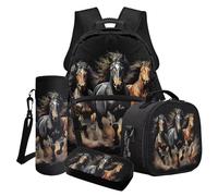 LACIYISON Black Wild Horse Print 4Pcs Backpack with Side Pocket for Boys with Pencil Case Water Bottle Carrier Bag Backpack Rucksack and Lunch Bag Set